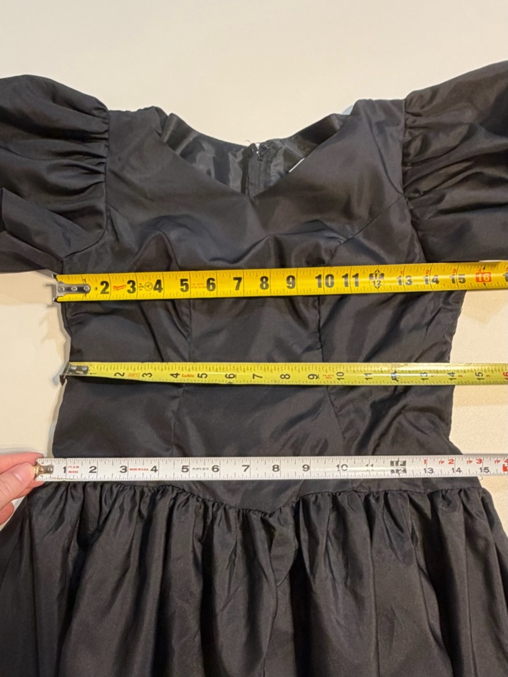 VINTAGE 80s black taffeta formal dress prom gown huge bow puff shoulder sleeve - Picture 9 of 11